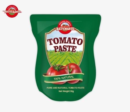 Stand-up zak met 56 g dubbel geconcentreerde tomatenpasta met een zuiverheid van 28% tot 100%