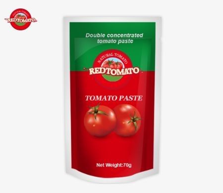 Hoogwaardige tomatenpasta zakjes verkrijgbaar in zowel platte als rechtopstaande ontwerpen, dubbel geconcentreerd en met een gewicht van 70 g