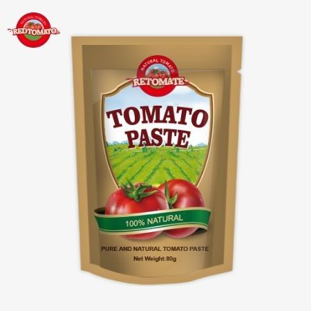 80 g tomatenpasta in stand-up zak, dubbel geconcentreerd, zuiverheid van 30% tot 100%