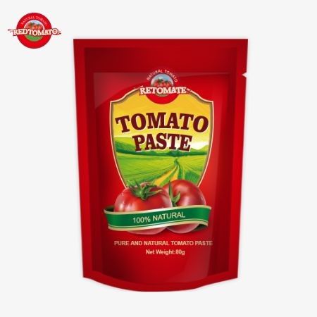 80 g dubbel geconcentreerde tomatenpasta verpakt in een opstaande zak met zuiverheidsniveaus van 30% tot 100%