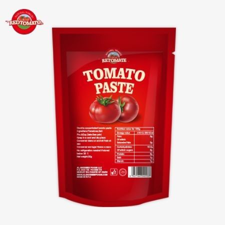 Een 80 g stand-up zak met dubbel geconcentreerde tomatenpasta met zuiverheidsniveaus van 30% tot 100%