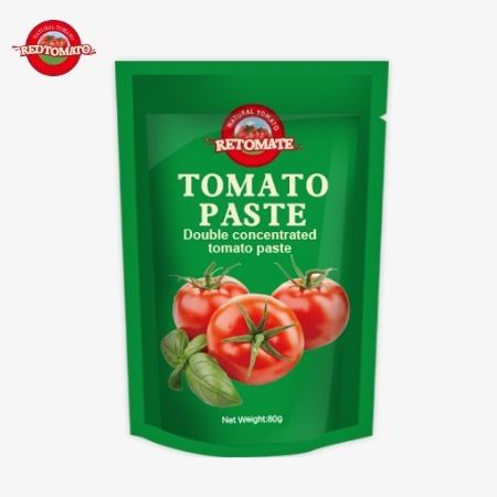 80 g stand-up zak met dubbel geconcentreerde tomatenpasta verkrijgbaar met zuiverheidsniveaus van 30% tot 100%