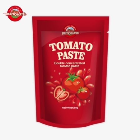 Stand-up zak met 80 g dubbel geconcentreerde tomatenpasta met een zuiverheidsniveau van 30% tot 100%