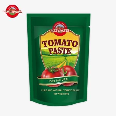 80 g stand-up zak van dubbel geconcentreerde tomatenpasta wordt aangeboden met zuiverheidsniveaus variërend van 30% tot 100%