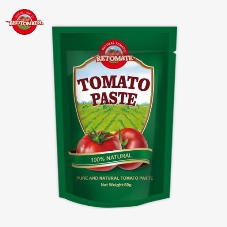 Een stand-up zakje van 80 g dubbel geconcentreerde tomatenpasta wordt aangeboden met zuiverheidsniveaus variërend van 30% tot 100%