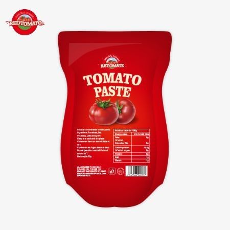 140 g zoete en zure tomatenpasta stand-up zak, zuiverheid tussen 22% en 30%