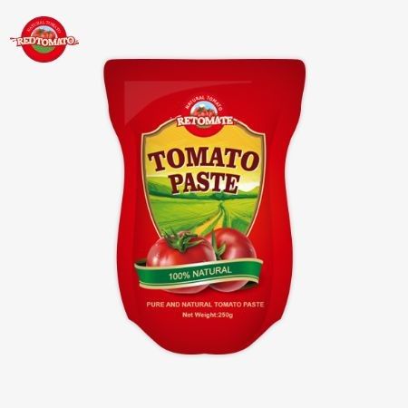 Deze stand-up zak bevat 250 g van zoete en pittige tomatenpasta met een zuiverheid variërend van 30% tot 100%