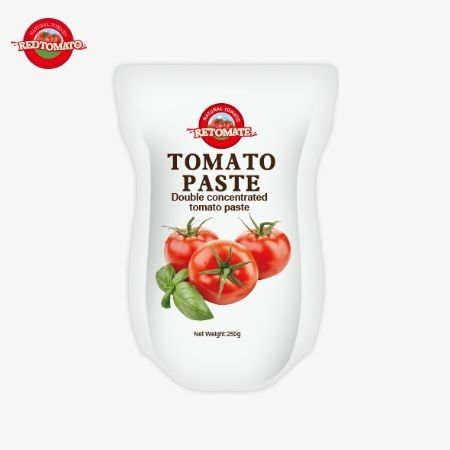 Deze stand-up zak bevat 250 g van zoete en pittige tomatenpasta met een zuiverheid van 30% tot 100%