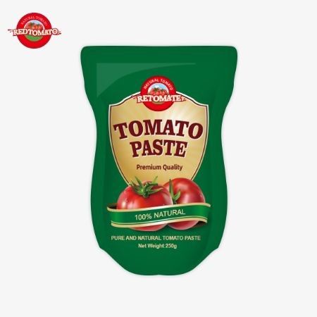 De stand-up zak bestaat uit 250 gram zoete en pittige tomatenpasta met een zuiverheid van 30% tot 100%.