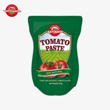 De stand-up zak bevat 250 g zoete en pittige tomatenpasta met een zuiverheid van 30% tot 100%