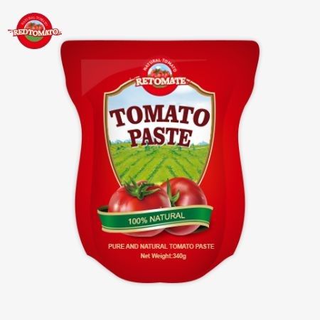 De stand-up zak bevat 340 g van zoete en pittige tomatenpasta met een zuiverheid van 30% tot 100%