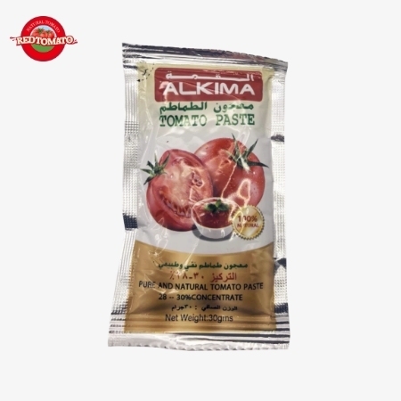 ALKIMA 30g platte sachet tomatenpuree geconcentreerd tot Brix 28–30% verkrijgbaar onder het merk Retomate of aanpasbaar met uw eigen OEM