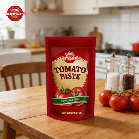 140 g stand-up sachet zoete en zure tomatenpasta 26%-28% zuiverheid - OEM beschikbaar