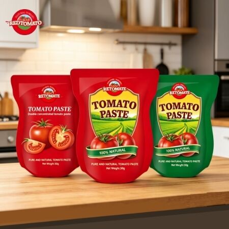 Deze stand-up tas bevat 56g dubbel geconcentreerde tomatenpasta, met een zuiverheidsbereik van 28% tot 100%