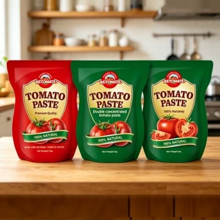 Stand-up pouch 56 g dubbele geconcentreerde tomatenpasta met een zuiverheid van 28% tot 100%