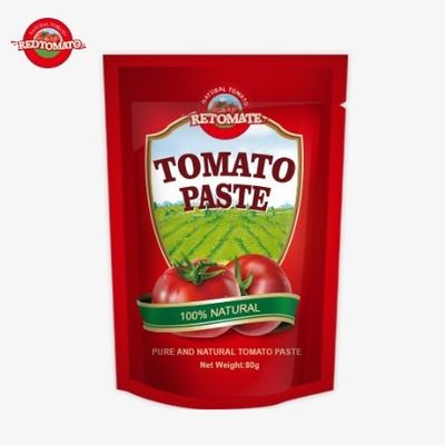 80 g dubbel geconcentreerde tomatenpasta verpakt in een opstaande zak met een zuiverheidsniveau van 30% tot 100%