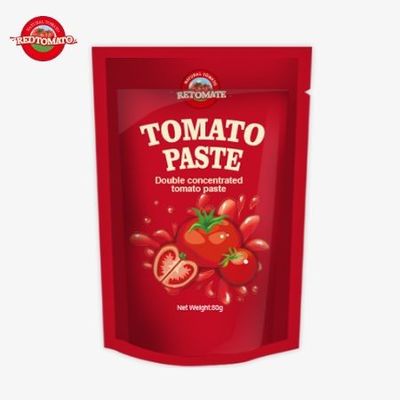 Stand-up zak met 80 g dubbel geconcentreerde tomatenpasta met een zuiverheidsniveau van 30% tot 100%