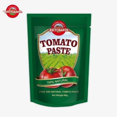 Een stand-up zakje van 80 g dubbel geconcentreerde tomatenpasta wordt aangeboden met zuiverheidsniveaus variërend van 30% tot 100%