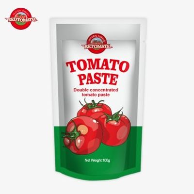 Verpakt in een 100 gram stand-up tomatenpasta met 100% zuiverheid.