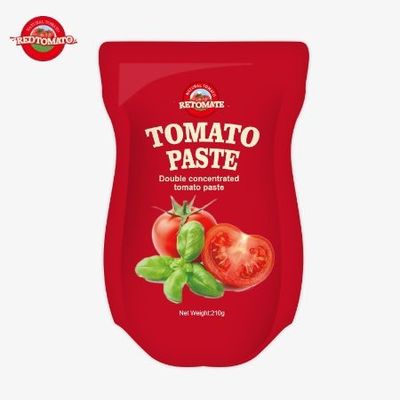 De 210g stand-up tomatenpasta voldoet aan de ISO HACCP BRC en FDA normen in productie.
