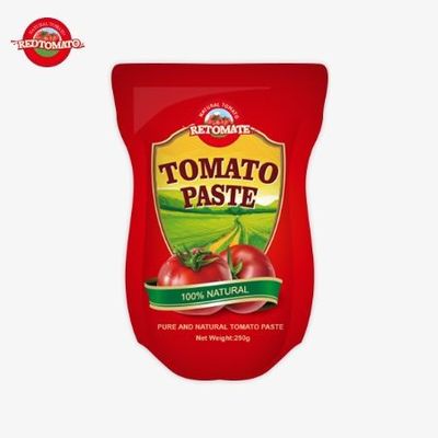 Deze stand-up zak bevat 250 g van zoete en pittige tomatenpasta met een zuiverheid variërend van 30% tot 100%