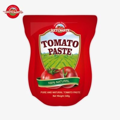 De stand-up zak bevat 340 g van zoete en pittige tomatenpasta met een zuiverheid van 30% tot 100%